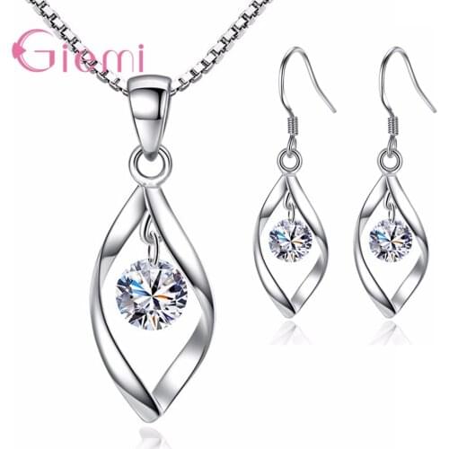 925 Sterling Silver Bridal Jewelry Set Pendant Necklace Hoop Earrings Austrian Cubic Zirconia Women Girls Wedding Engagement