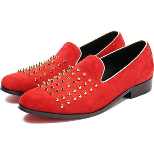 Red Loafers Suede Leather Men Shoes Fashion Rivet Leisure Party Shoes Mens Career Work Pointed Toe Slip On Show Shoes 37-46