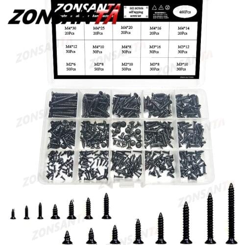 ZONSANTA 460pcs Black Countersunk Flat Head Self Tapping Screws Set M2 M3 M4 Carbon Steel Cross Wood Screw Assortment Kit