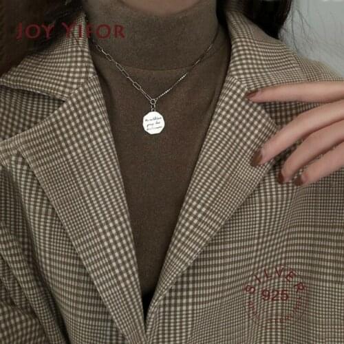 Irregular Round Disc Letter Pendant Necklace Vintage 925 sterling Silver Charm Necklace Chains For Women Gifts