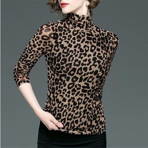 Autumn Winter Women Clothing Leopard Print Blouse Shirts Ladies Tops Sexy Mesh Blouses Turtleneck Slim Fit Bottoming Shirt Y743