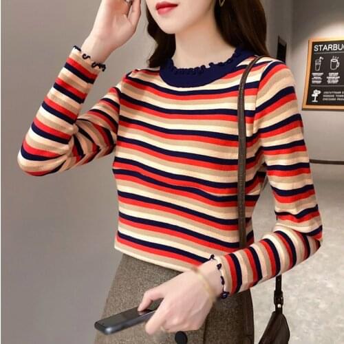 Autumn Women Stripe Casual T-Shirt Fashion Round Neck Long Sleeve T-Shirts Female Tops