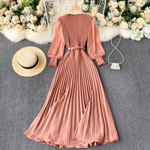 SINGREINY Design French Pleated Maxi Dress Women Elegant O Neck Long Sleeve A-line Dress Autumn Fashion Streetwear Long Dress