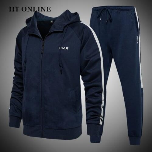 Men Zipper Tracksuit Sets 2021 Spring Autumn Polyester Hooded Stripe Sweatshirt+Sweatpants 2 Pieces Gym Jogging Sport Suit Male