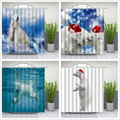 Animal theme Shower Curtains Lovely Interesting Polar Bear Christmas 3D Printing Bathroom Decor Waterproof Cloth Curtain Set