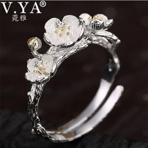 V.YA 925 Sterling Silver Adjustable Rings Stackable Plum Blossom Flower Jewelry Ring for Women Lady bijoux