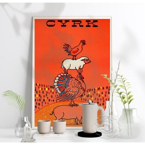 Vintage Polish Circus Poster, Circus Colored Four Animals Funny Art Prints, Pig, Peacock, Chicken, Sheep Home Creche Wall Decor