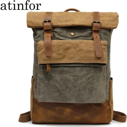 High Quality British Design Oil wax Canvas with Leather Bag Men School Backpacks fo College Students Women