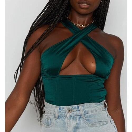 High Quality Sexy Beach Cross Sleeveless Vest T-shirt Tops Hollow Out Strapless Vest Slim Tops Summer Satin Zipper Short Vest