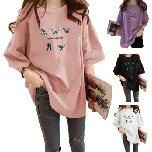 Women Summer Half Sleeve Crew Neck T-Shirt Harajuku Butterfly Letters Printed Tee Tops Graphic Casual Loose Long Tunic Y1AC