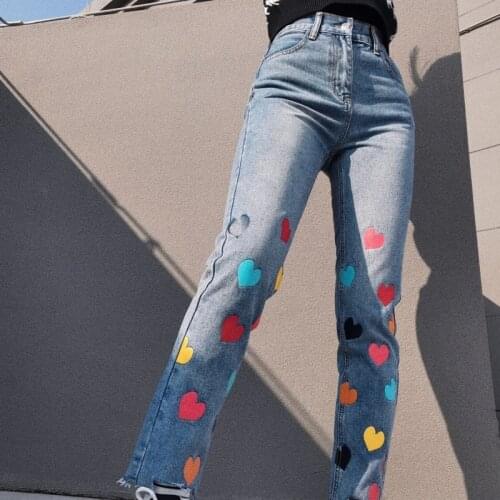 WOMENGAGA High Waist Jeans Woman Street Vintage Multi-color Heart Print Rough Edges Straight Denim Pants Women BUL8