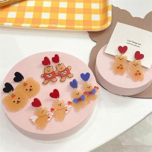AOMU 2021 Korean Fashion Geometric Heart Colorful Acrylic Cute Bear Shape Drop Earrings for Women Summer Trip Jewelry Gifts