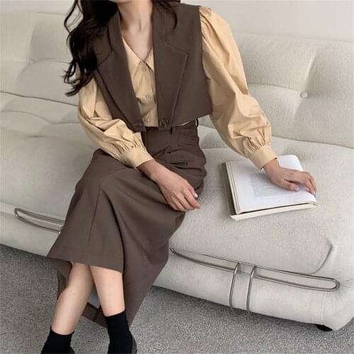 Alien Kitty High Street Three Piece Sets Puff Sleeves Shirt Slim Hot Office Lady New Vest Elegant Casual Close Waist Long Skirts