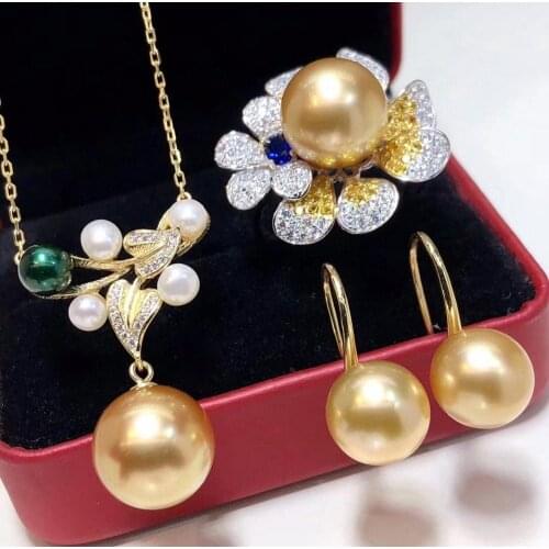 D312 Fine Jewelry Pure 925 Sterling Silver 9-12mm Natural Golden Pearls Females Jewelry Sets for Women FIne Jewelry Sets