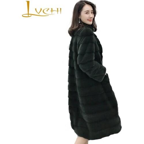 LVCHI Winter 2019 Real Natural Mink Fur Coat Womens Loss Mandarin Collar Coat Full Pelt Causal Pearl White X-Long Mink Coats