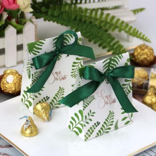 5/50pcs Green Leaves Paper Candy Dragee Box Chocolate Packaging Party Favor and Gift Boxes Jungle Hawaiian Wedding Decoration