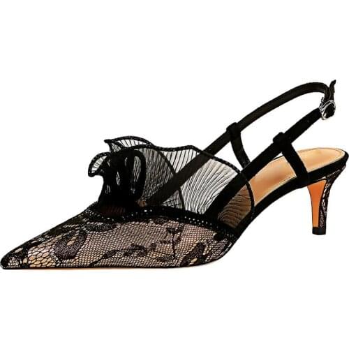 Sexy Ruffles Embellished Flower Lace Kitten Heels Sandals Ankle Strap Thin Heel Pointed Toe Lace Patchwork Pumps Wedding Shoes