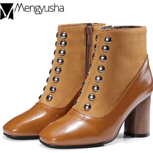 Metal rivets round heels women botines leather square toe patchwork chelsea boots european big size 34-43 short booties ladies