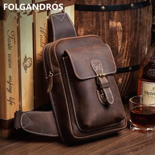 2018 Brand Crazy Horse Leather Mens Crossbody Bag Cowhide Sling Chest Bag Vintage Genuine Leather Male Shoulder Messenger Bolsa