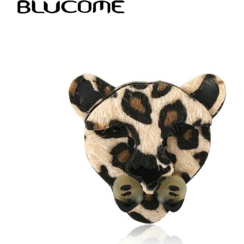 Blucome Cheetah Leopard Head Brooches Handmade Leather Acrylic Sweater Scarf Buckle Animal Brooch Pins Coat Accessories Gifts