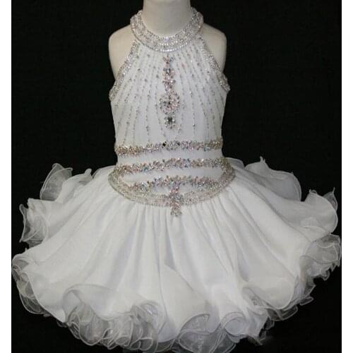 Elegant White Cupcake Toddler Pageant Dresses Halter Beaded Princess Gown First Holy Communion Short Flower Girl Gowns for Weddi