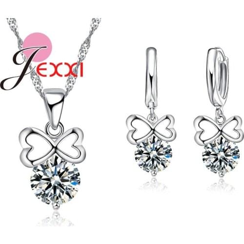 Hot Promotion Fashion Bridal Jewelry Set For Women Bow Pendant Necklace Hoop Earrings 925 Sterling Silver Sets Female