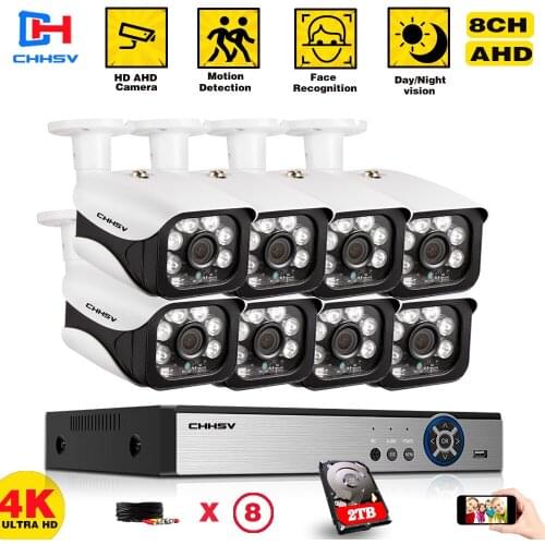 CHHSV CCTV Video 4K 8CH DVR Night Vision 8MP Outdoor Waterproof Security Camera Kit System 4/8 x 65feet Cable P2P