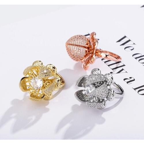 JINAO Adjustable Flower Ring Blossom High Quality Micro Pave Iced Out Cubic Zirconia Hip Hop Fashion Jewelry For Women Gift