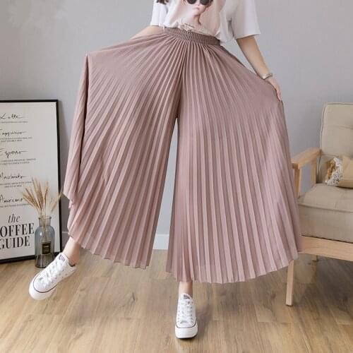 Summer Thin Chiffon Pleated Wide-leg pants Womens Black White High waist Plus size 6XL Loose Solid Casual Beach Ladies Culottes