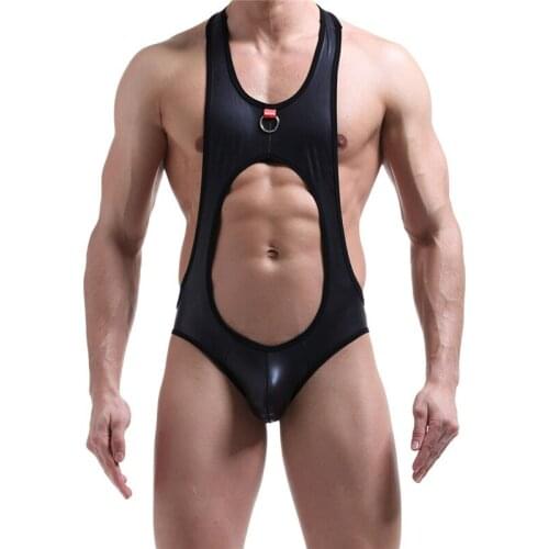 Sexy Men Undershirt Faux Leather PU Mens Close-fitting Vest Fitness Elastic Casual O-neck Open Butt Breathable Undershirts