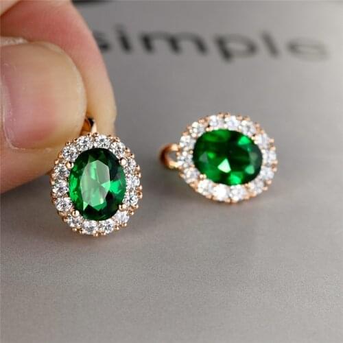 Trendy Female Green Zircon Earrings Charm Rose Gold Color Clip Earrings For Women Dainty Bride Crystal Oval Wedding Earrings
