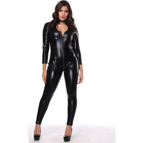 New Black Sexy Lingerie Female Faux Leather Catsuit PVC Latex Bodysuit Front Zipper Open Crotch Stretch Bodystocking Erotic