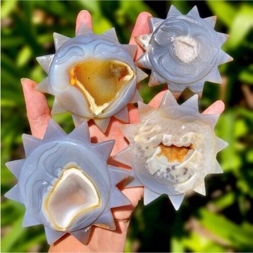 Natural Agate Geode Carved Sun Smiley Face Witchcraft Home Decoration