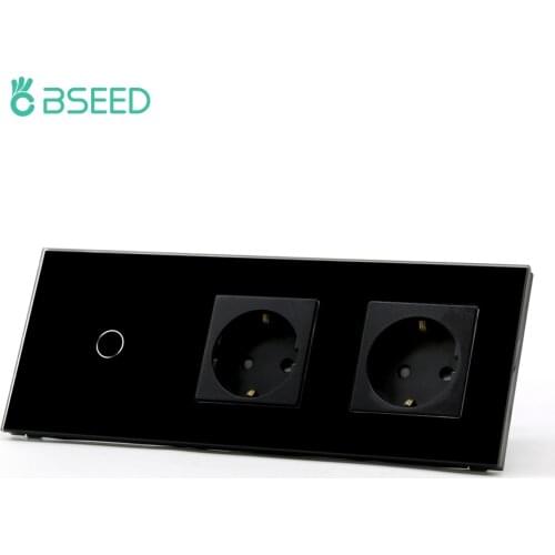 BSEED Touch Sensor Switches 1/2/3Gang 1Way Wall Light Switches EU Double Power Wall Sockets Lamp Switches Glass Black 300W/Gang