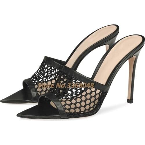 Black Hollow Thin High Heel Slippers Sexy Pointed Toe Slip On Dress Women Summer Slides Open Toe Dress Women Thin Heel Shoes