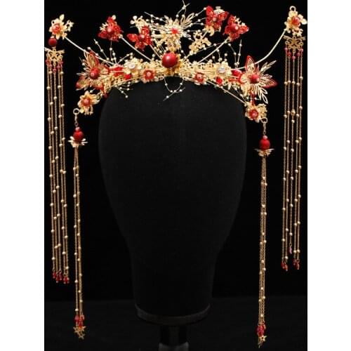 Antique Style Hairpins Classical Temperament Xiuhe Bridal Head Crown Butterfly Crown Long Tassels Hanfu Hair Accessories