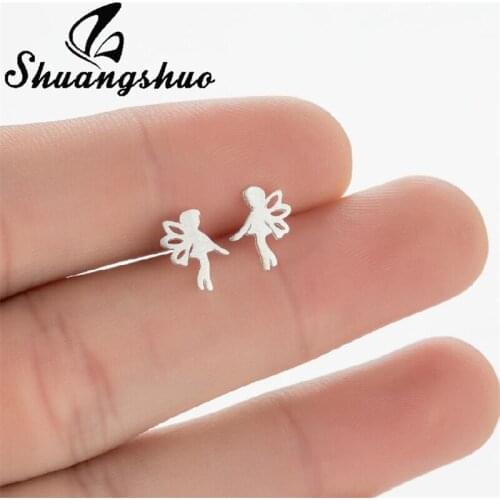 Shuangshuo Lovely Design Angel Fairy Stud Earrings Little Elf 925 Silver Earring for Women Girls Jewelry Party Accessories Gift