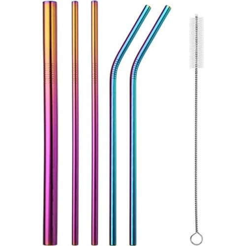 UPORS 6Pcs/Set Stainless Steel Straws with Cleaning Brush Reusable Metal Drinking Straws For Cocktail Bubble Tea Bar Accessories