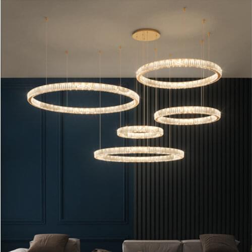 Modern Luxury Living Room Led Dimmable Pendant Light Lustre Crystal Steel Rings Led Pendant Lighting Hanging Lamp Suspend Lamp