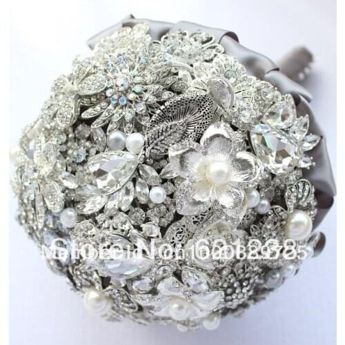 East handmade jewelry, brooch bouquet wedding bride holding flowers silvery gray holding wedding flowers