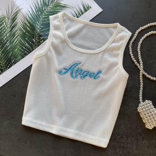 Angel Letter Embroidery Short Tank Crop Top Women 2021 Summer Sexy Sleeveless Street Style Ladies Casual Crop Slim Vest T-shirt
