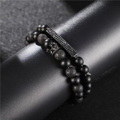 2 pcs/set Fashion Classic Matte Stone Crown Bracelet Male Stacked Bead Set Bracelet Men Jewelry Gift for Him ZJ-01