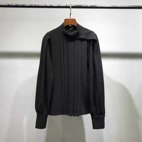 B00956480 irregular knot collar simple lantern long sleeve front pleat blouse lady office shirt