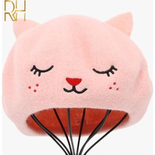 Autumn Wool Winter Beret Hats For Women Cute Cat Embroidery Berets Cap With Ears Boinas Para Mujer RH