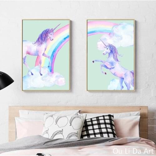 No frame cartoon cute unicorn rainbow canvas printings oil paintings printed on canvas home Kid room wall art decoration picture