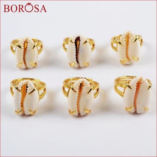 BOROSA Design 10PCS Fashion Adjustable Gold Color Claw Cowrie Shell Ring Gems Natural Color Shell Druzy Women Jewelry ZG0318