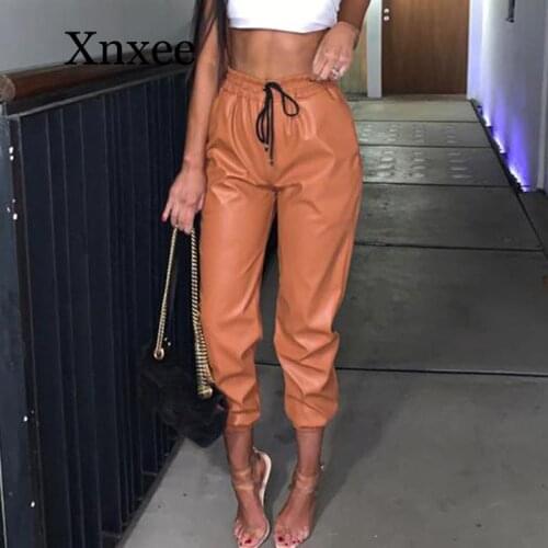 Drawstring PU Leather Casual Pants Women Fashion Pockets Pencil Pants Solid Streetwear Autumn Ladies Trousers winter pants