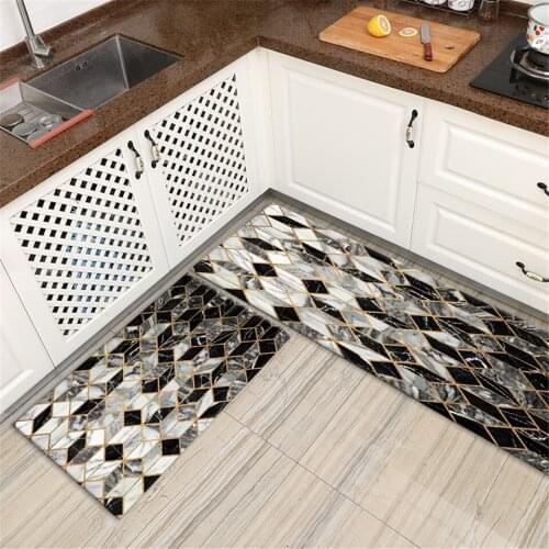 Black Gray Geometric Marble Mat For Bathroom Long Living Room Floor Mat Non-slip Kitchen Mat Toilet Mat Flannel Durable
