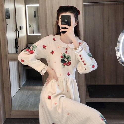 French Maid Style Vintage Cute Sweet Peter Pan Flower Embroidery Long Dresses Ladies Robe Spring Autumn Long Sleeve Women Dress