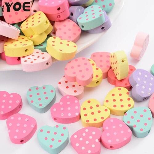 IYOE 30pcs/Lot 17mm Multicolor Heart Wood Beads Sweet Dot Love Beads For Jewelry Making Bracelet Earring DIY Ornament Gift